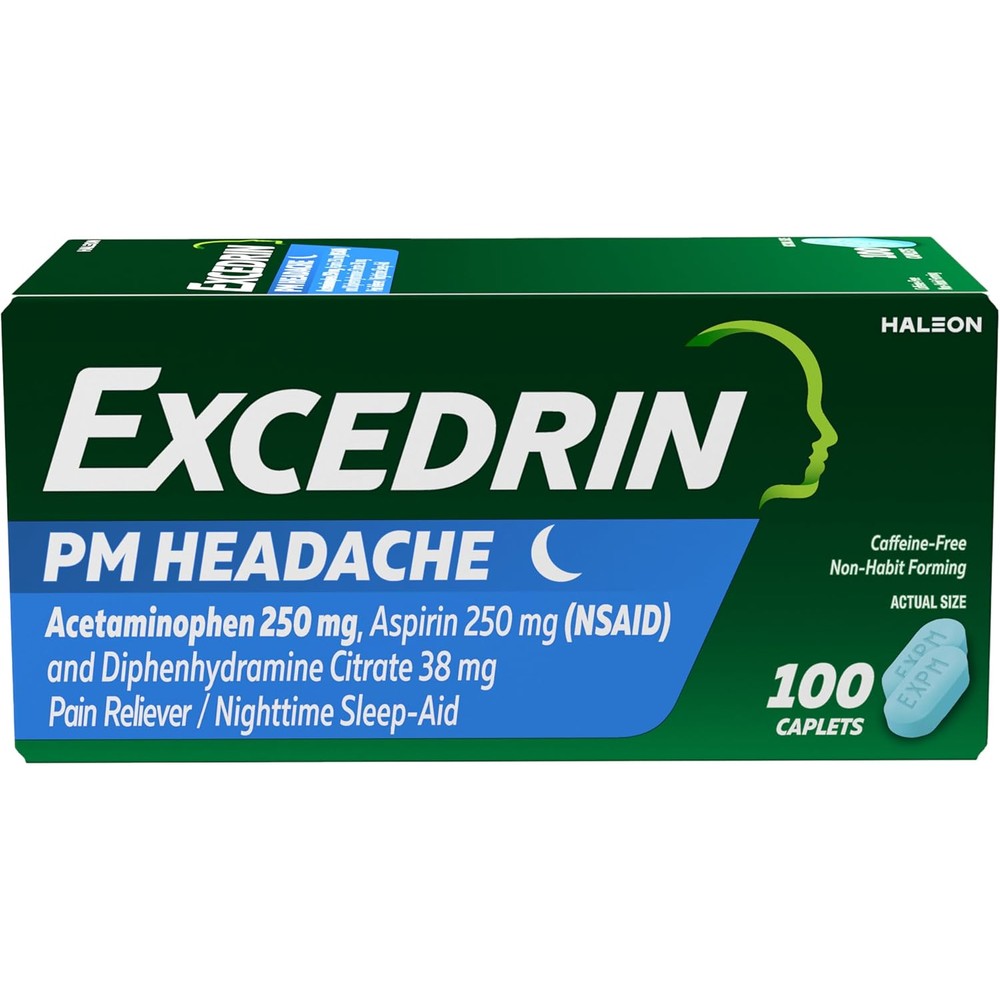 Excedrin PM 100 count bottle front view for nighttime headache relief