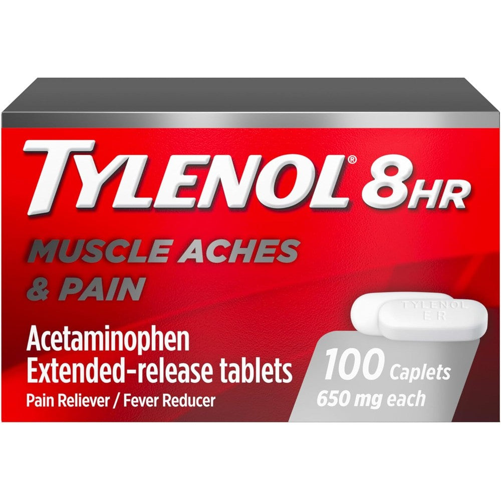 Tylenol 8 Hour Acetaminophen 650 mg 100 count front packaging for pain relief