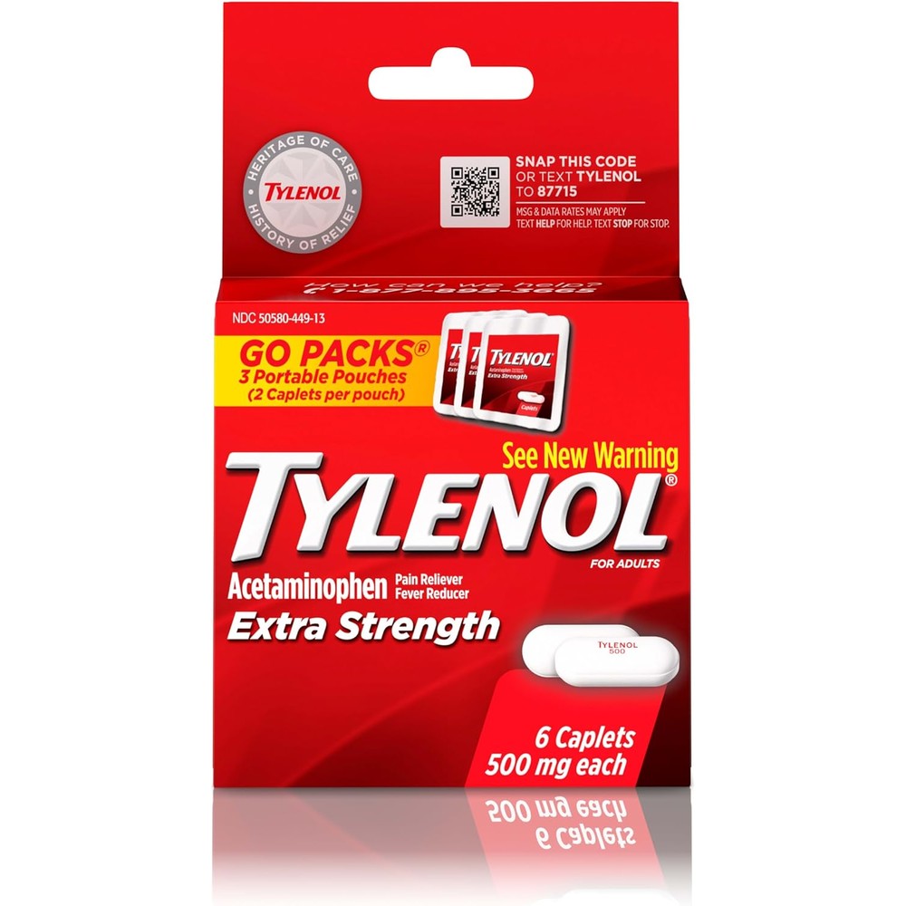 Tylenol Extra Strength 500mg Caplets front view for pain relief
