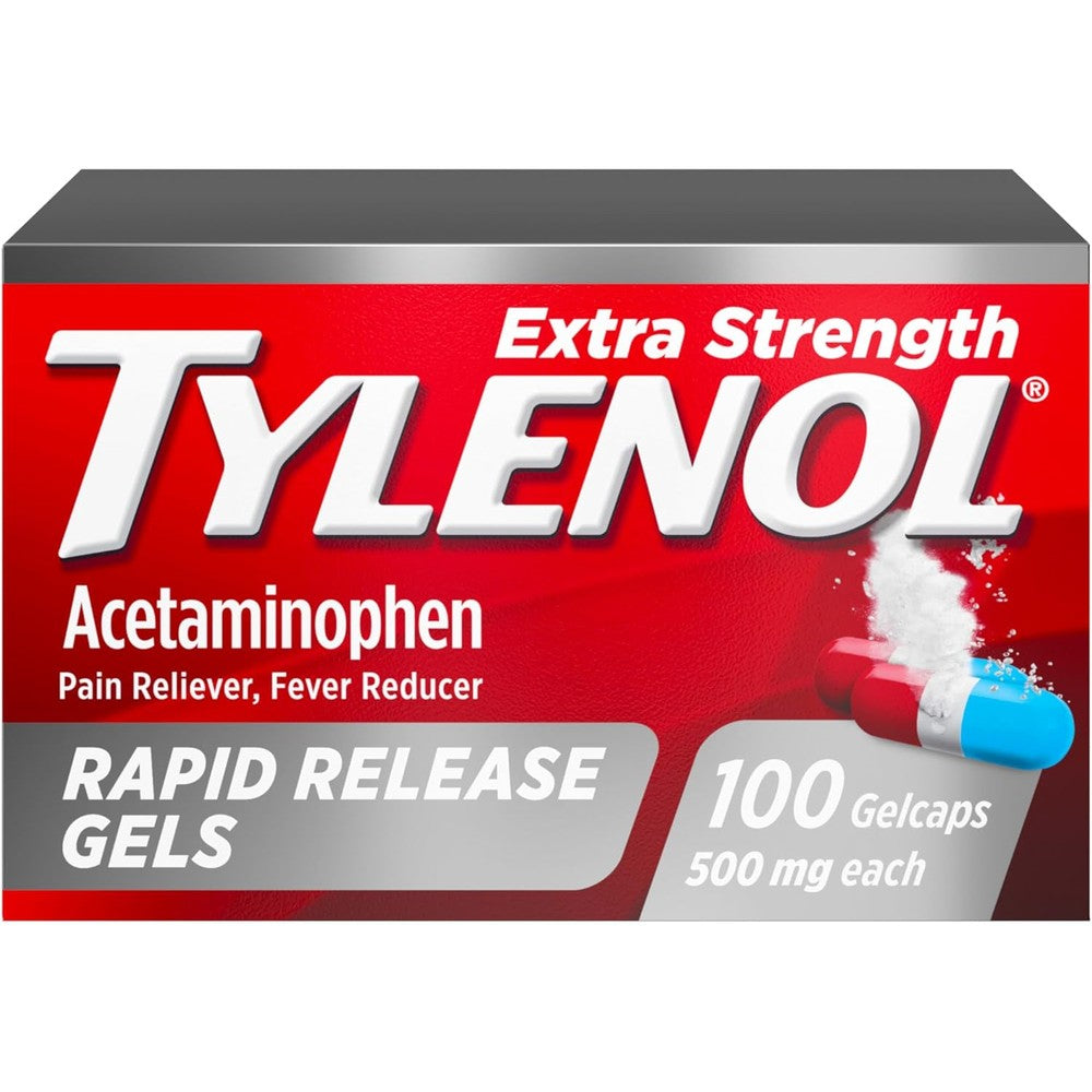 Tylenol Extra Strength Rapid Release Gels front packaging for fast pain relief.