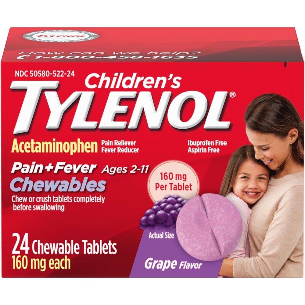 Tylenol Children's Chewables 160 mg Acetaminophen front packaging grape flavor
