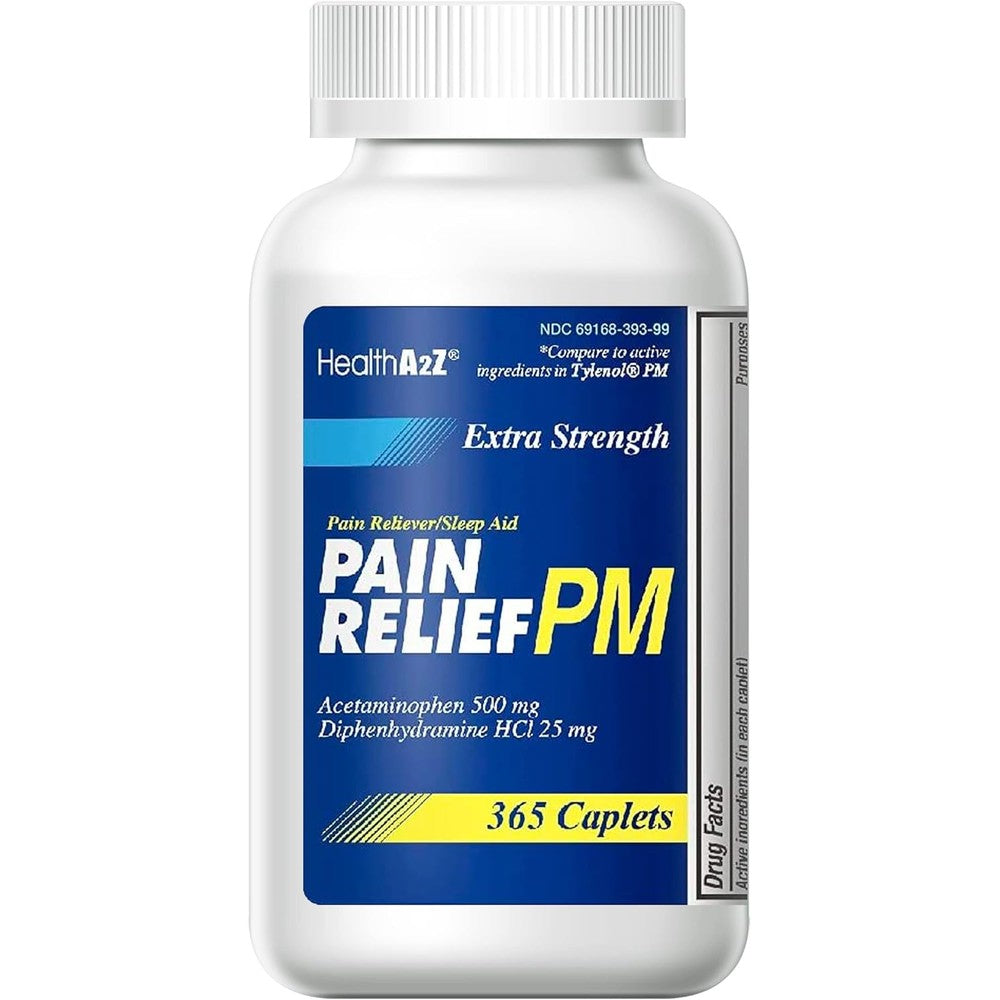 HealthA2Z Extra Strength Pain Relief PM 365 caplets bottle front view for nighttime pain relief.