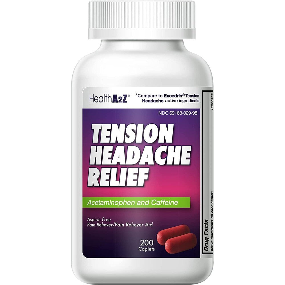 HealthA2Z Tension Headache Relief 200 caplets front bottle view for pain management