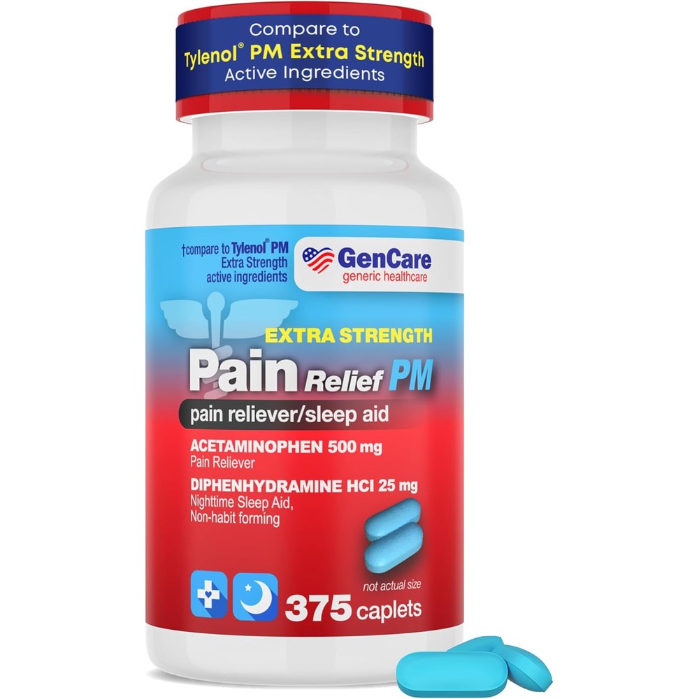 GenCare Extra Strength Acetaminophen PM 375 Tablets front view nighttime pain relief