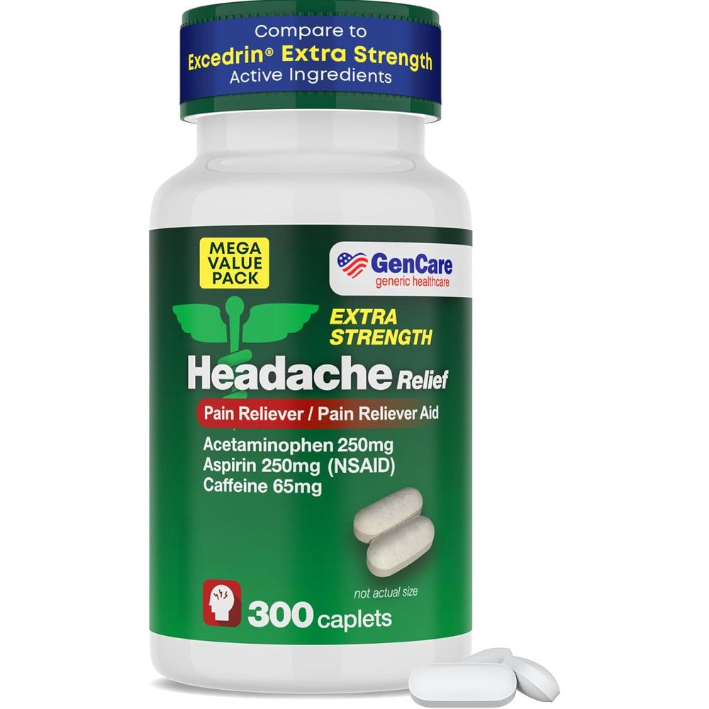 GenCare Headache Relief 300 caplets bottle front view for migraine relief.