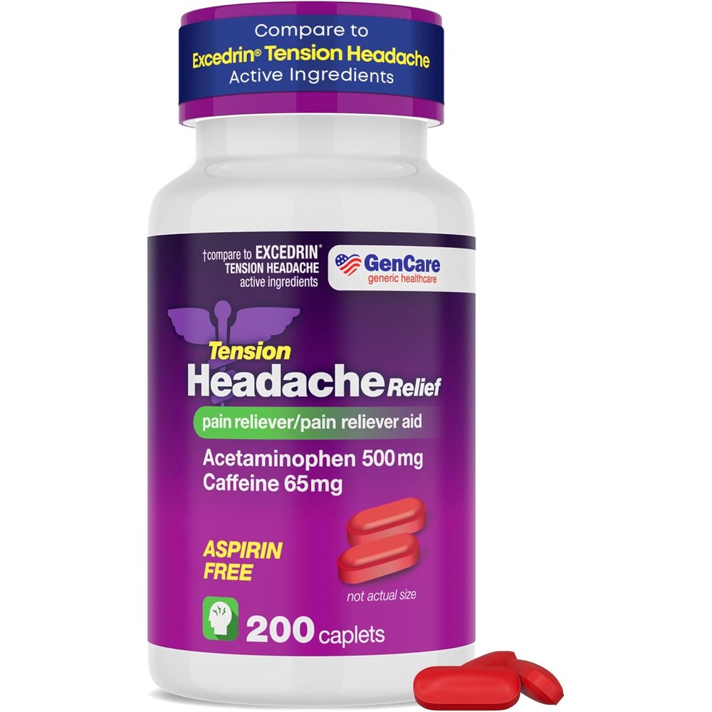 GenCare Tension Headache Relief 200 caplets bottle front view for migraine support.