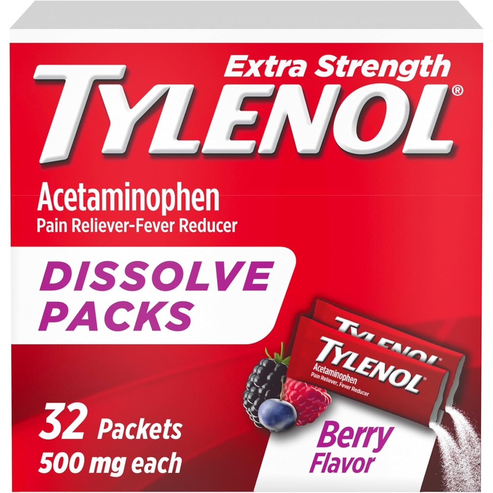 Tylenol Extra Strength Dissolve Powder Packs 32 count front box view for fast pain relief.