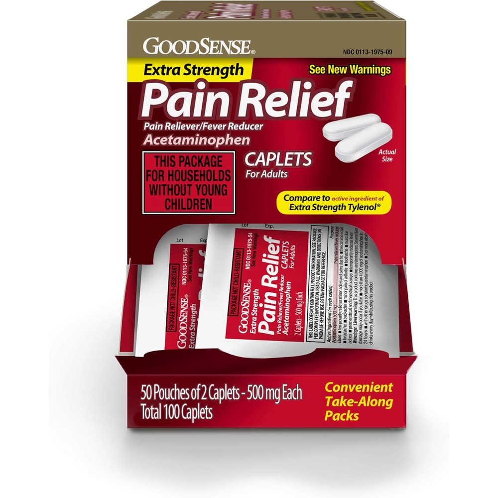 GoodSense Extra Strength Acetaminophen 500mg 100 Count front bottle view for pain relief.