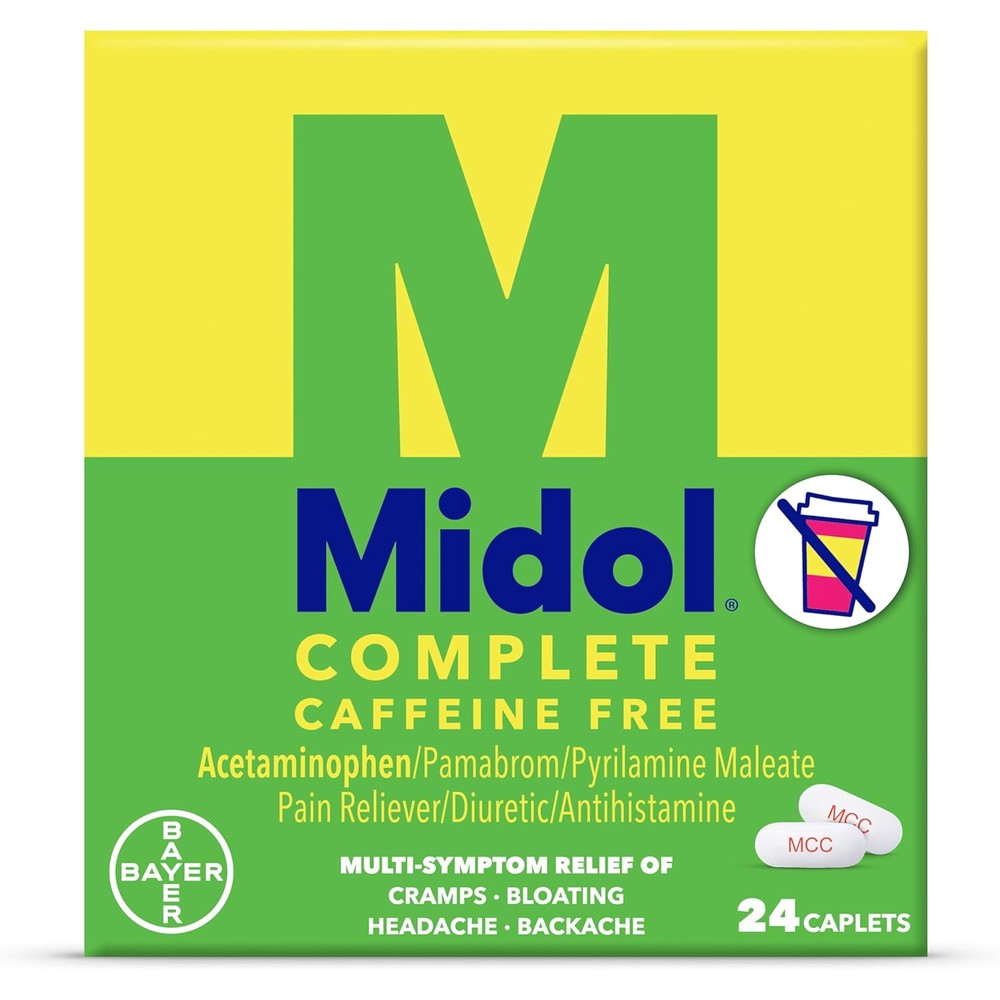 Midol Complete Caffeine Free 24 count bottle front view for menstrual pain relief