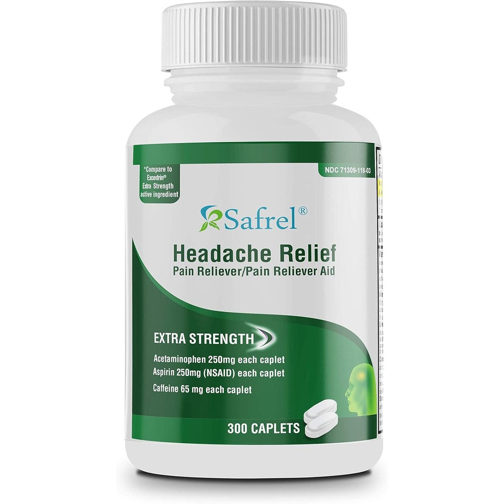 Safrel Extra Strength Headache Relief 300 caplets bottle front view.