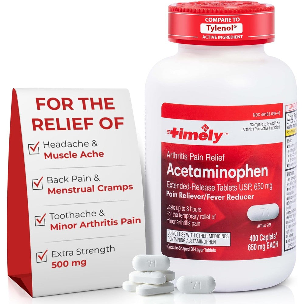 TIME-Cap Labs Acetaminophen 650mg 400 caplets bottle front view for pain relief.