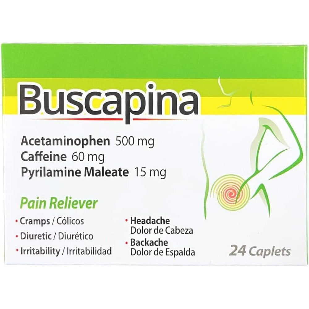 Buscapina Multi Symptom Pain Relief 24 Caplets front box view for menstrual cramps