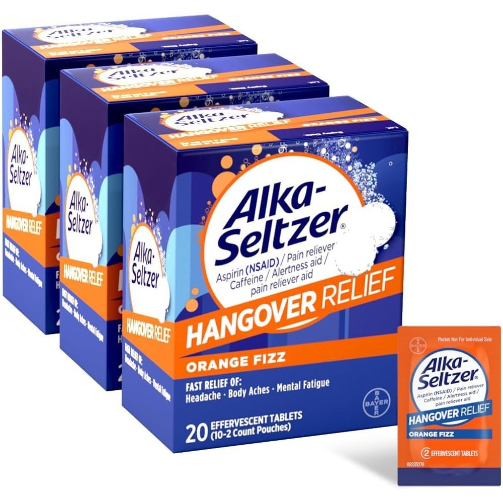 Alka-Seltzer Hangover Relief 60 count pack front view for headache relief.