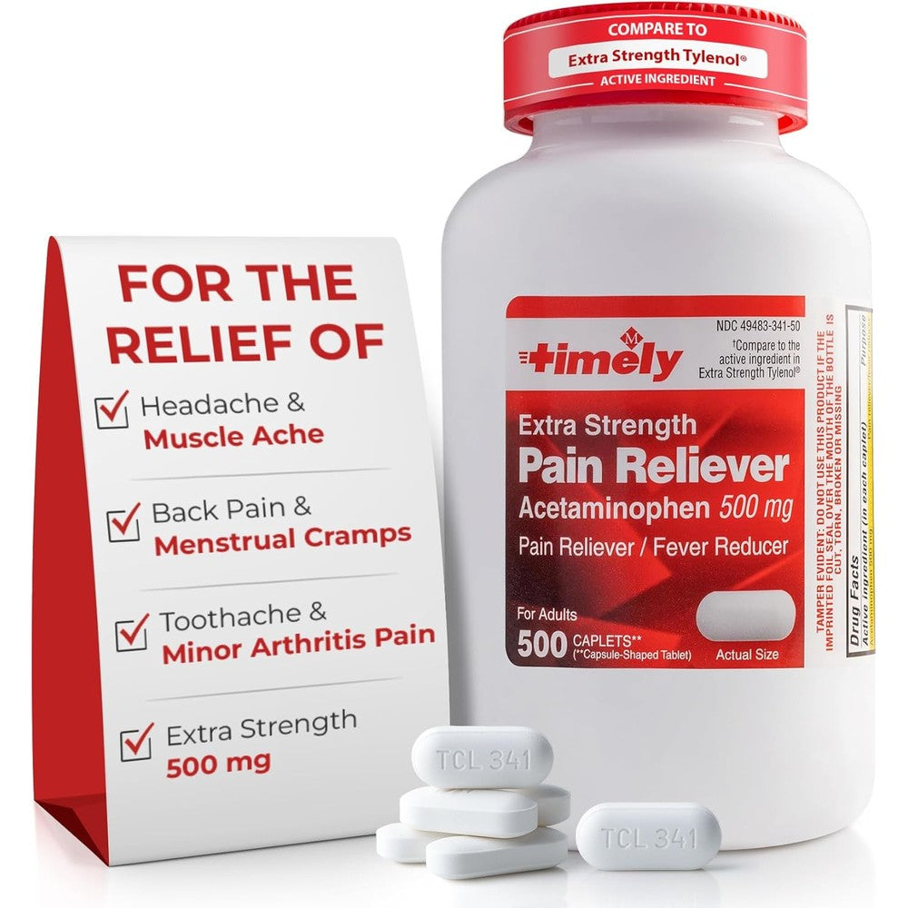 TIME-Cap Labs Extra Strength Acetaminophen 500mg bottle front view for pain relief.