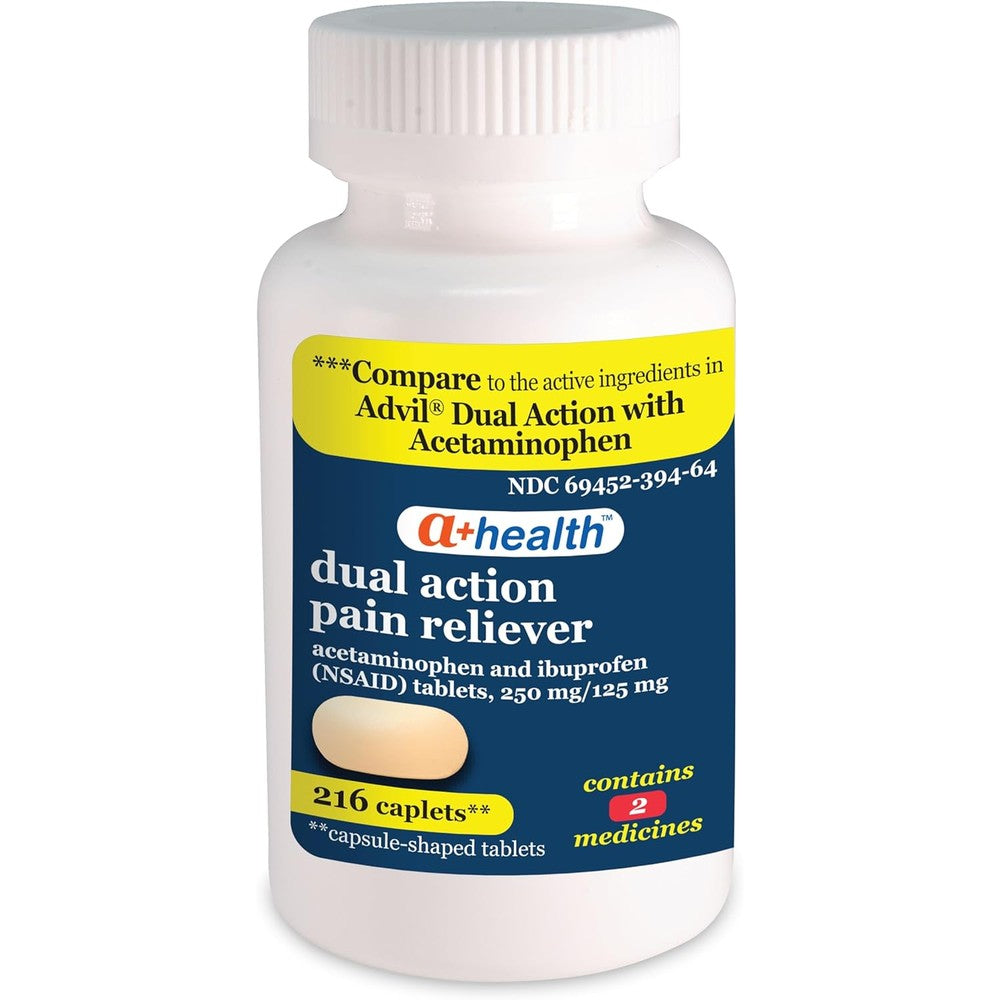 A+Health Dual Action Acetaminophen and Ibuprofen bottle front view for pain relief.