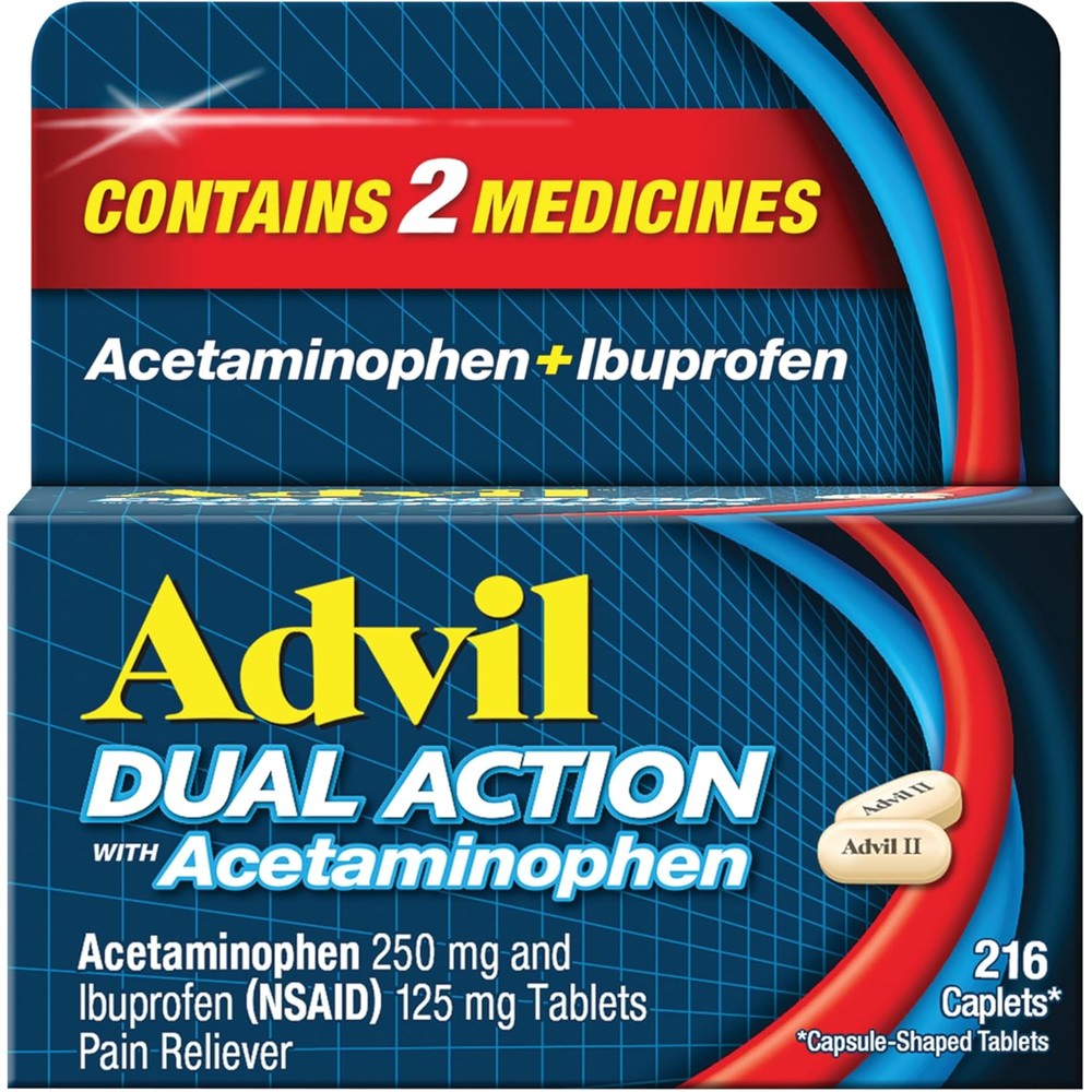 Advil Dual Action 216 count front bottle view for 8 hour pain relief.