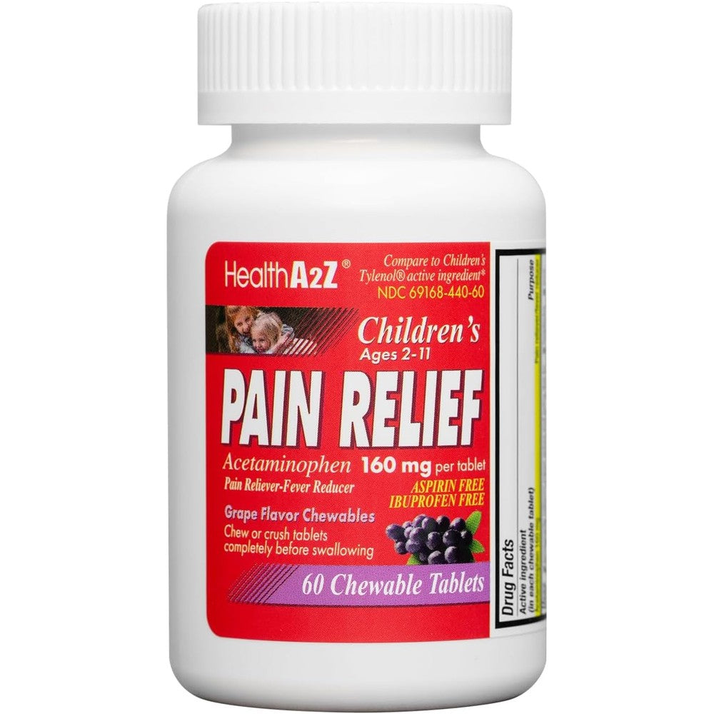 HealthA2Z Children's Chewable Pain Relief bottle front view for fever reduction.