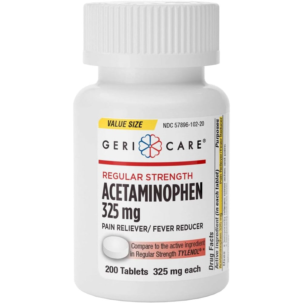GeriCare Regular Strength Acetaminophen 325mg 200 tablets bottle front view