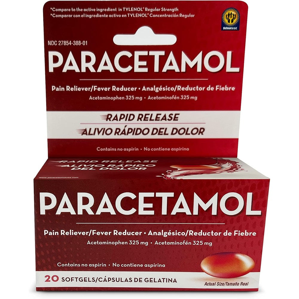 Belmora Paracetamol Acetaminophen 325mg 20 Softgels front packaging view for rapid pain relief.