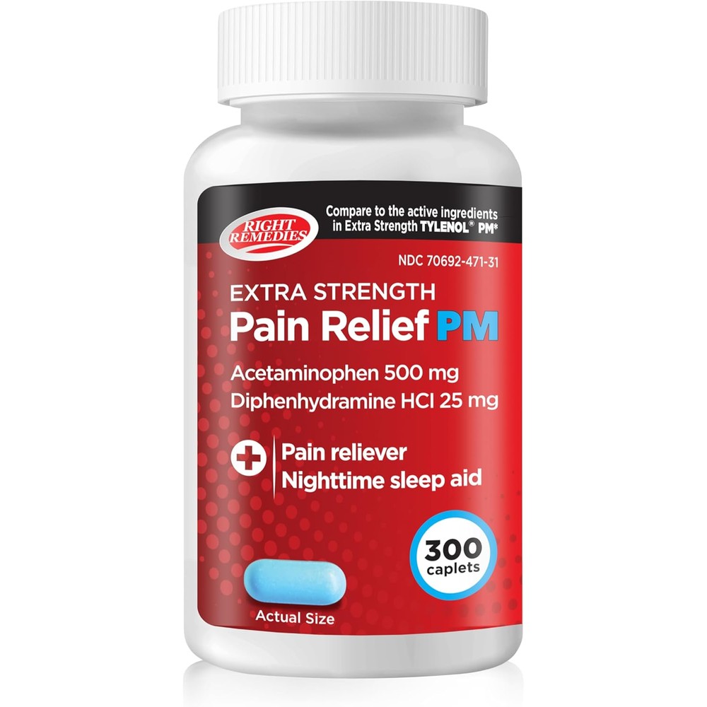 Right Remedies Extra Strength Pain Relief PM 300 caplets bottle front view for nighttime sleep aid.