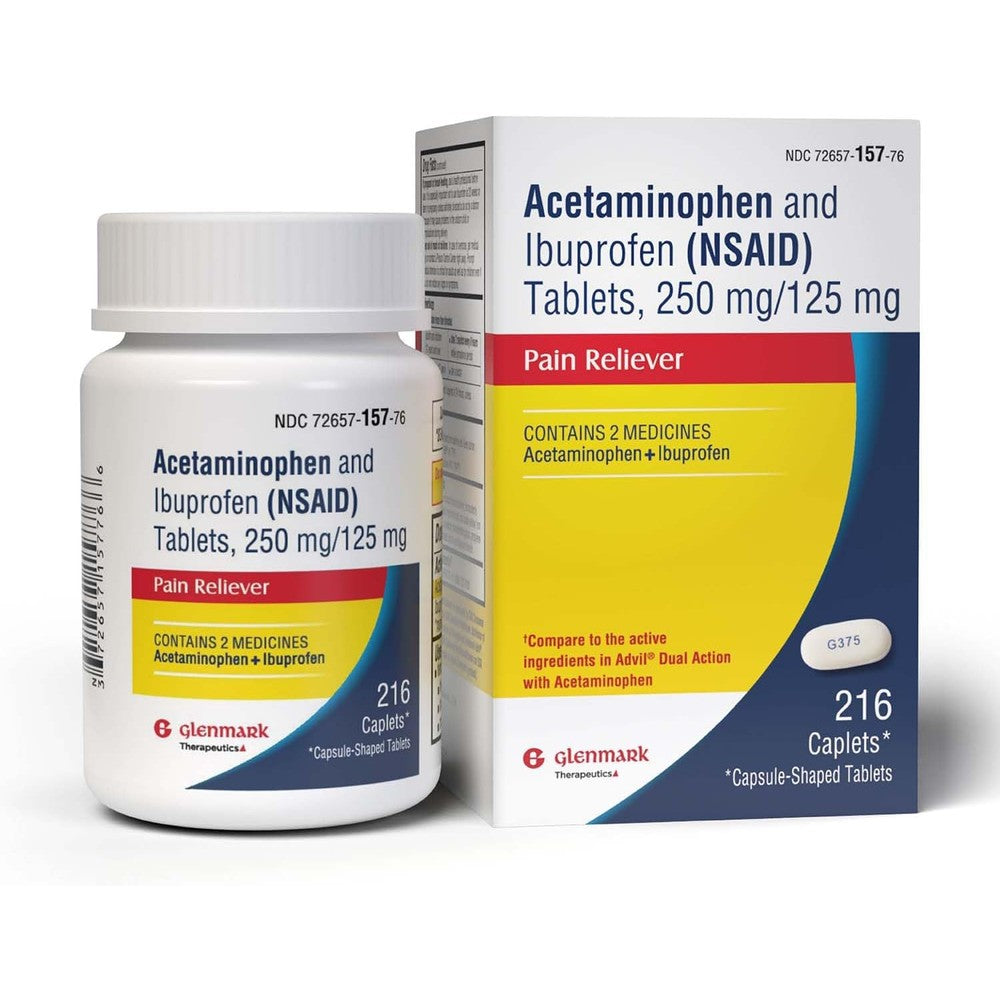 Glenmark Therapeutics Dual Action Acetaminophen and Ibuprofen bottle front view for pain relief.