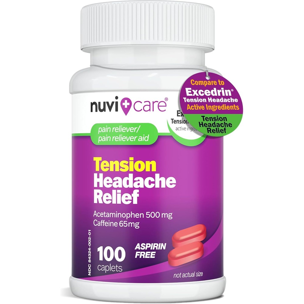 Nuvicare Tension Headache Relief 100 caplets bottle front view for pain relief.