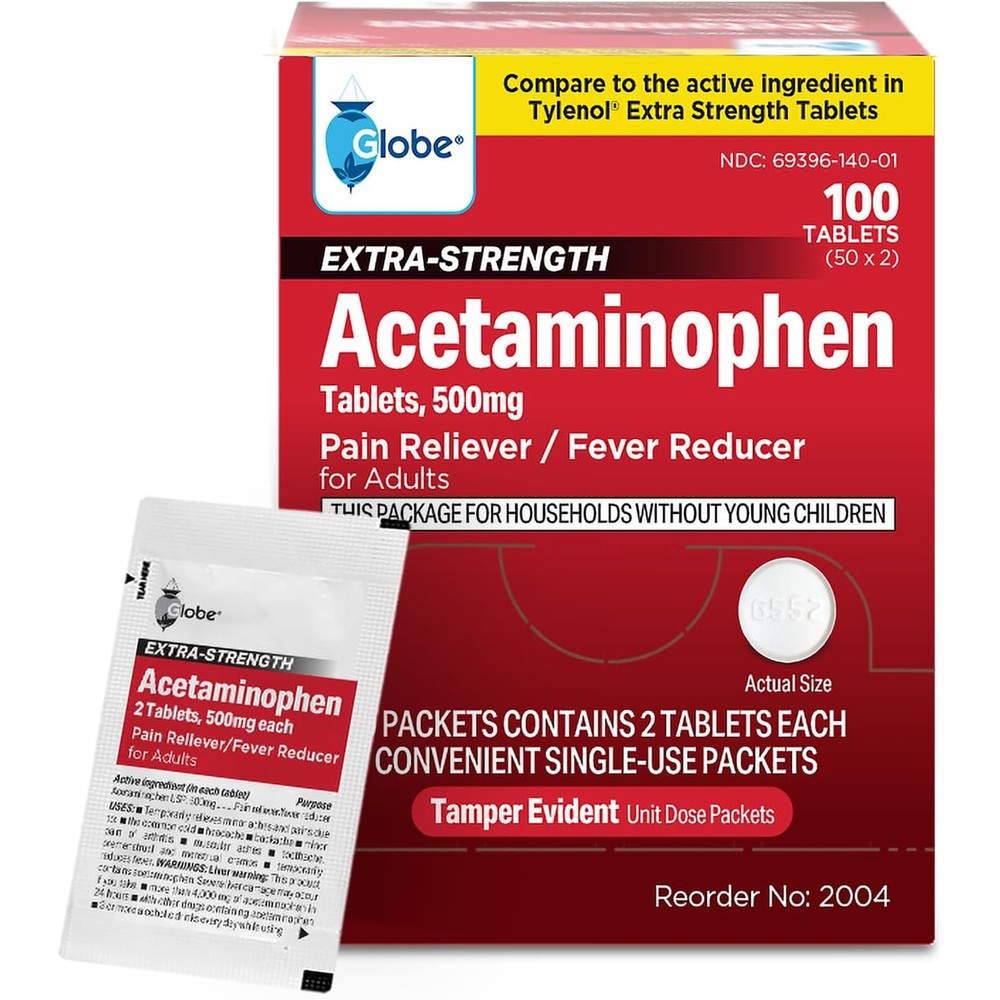 Globe Extra Strength Acetaminophen 500 mg 100 tablets front view pain relief