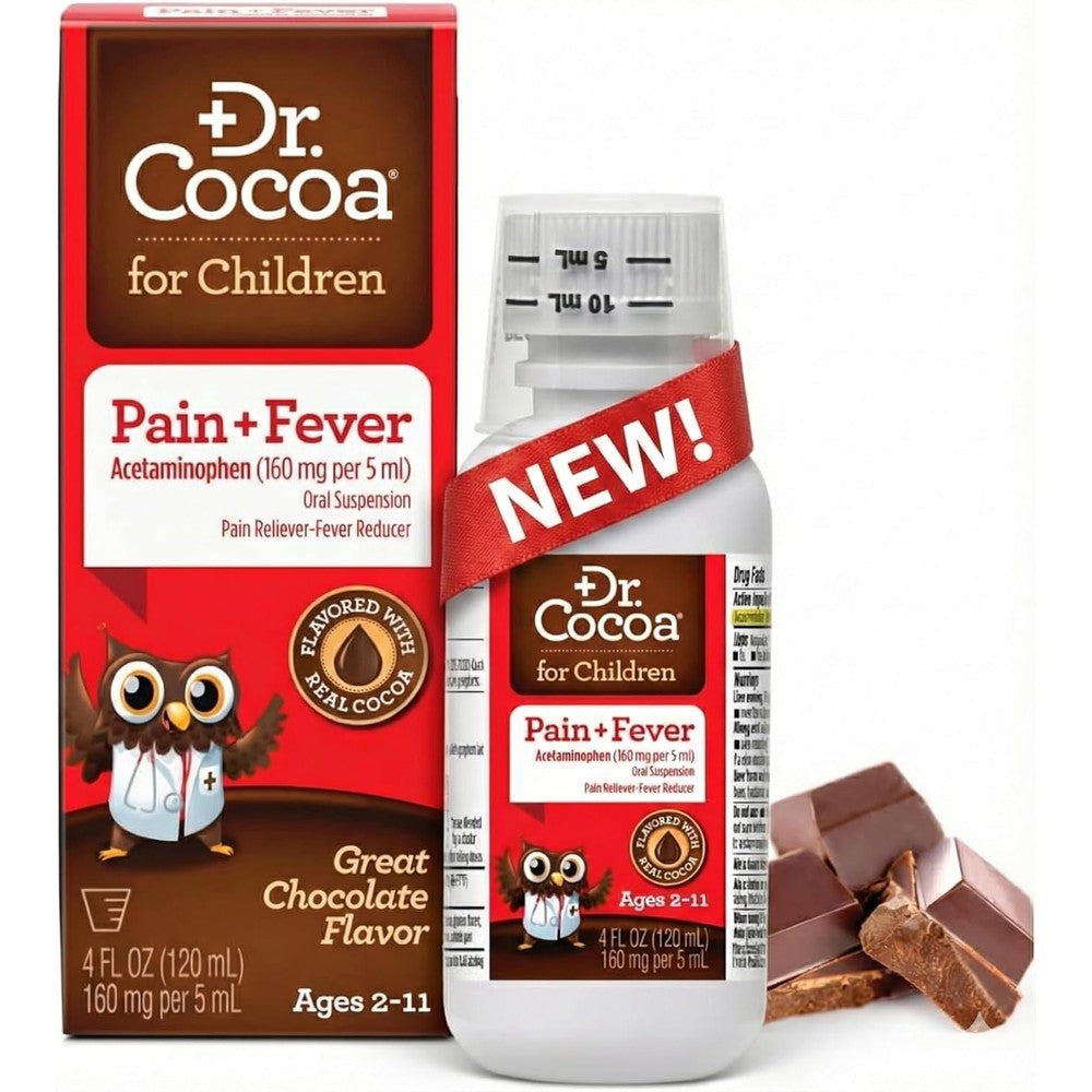 Dr. Cocoa Children's Pain Relief and Fever Reducer front view bottle and packaging