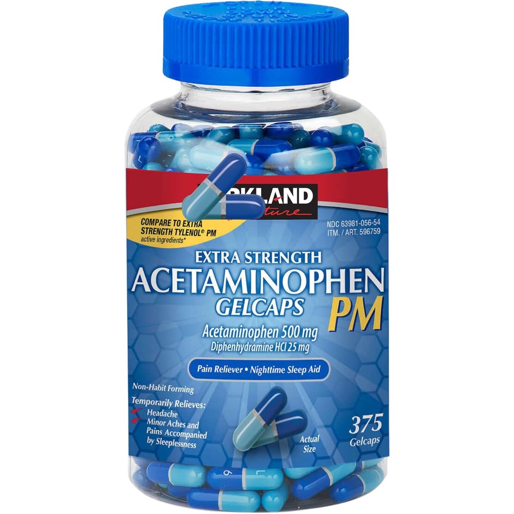 Kirkland Signature Acetaminophen PM 500mg 375 Gelcaps front bottle view for pain relief.