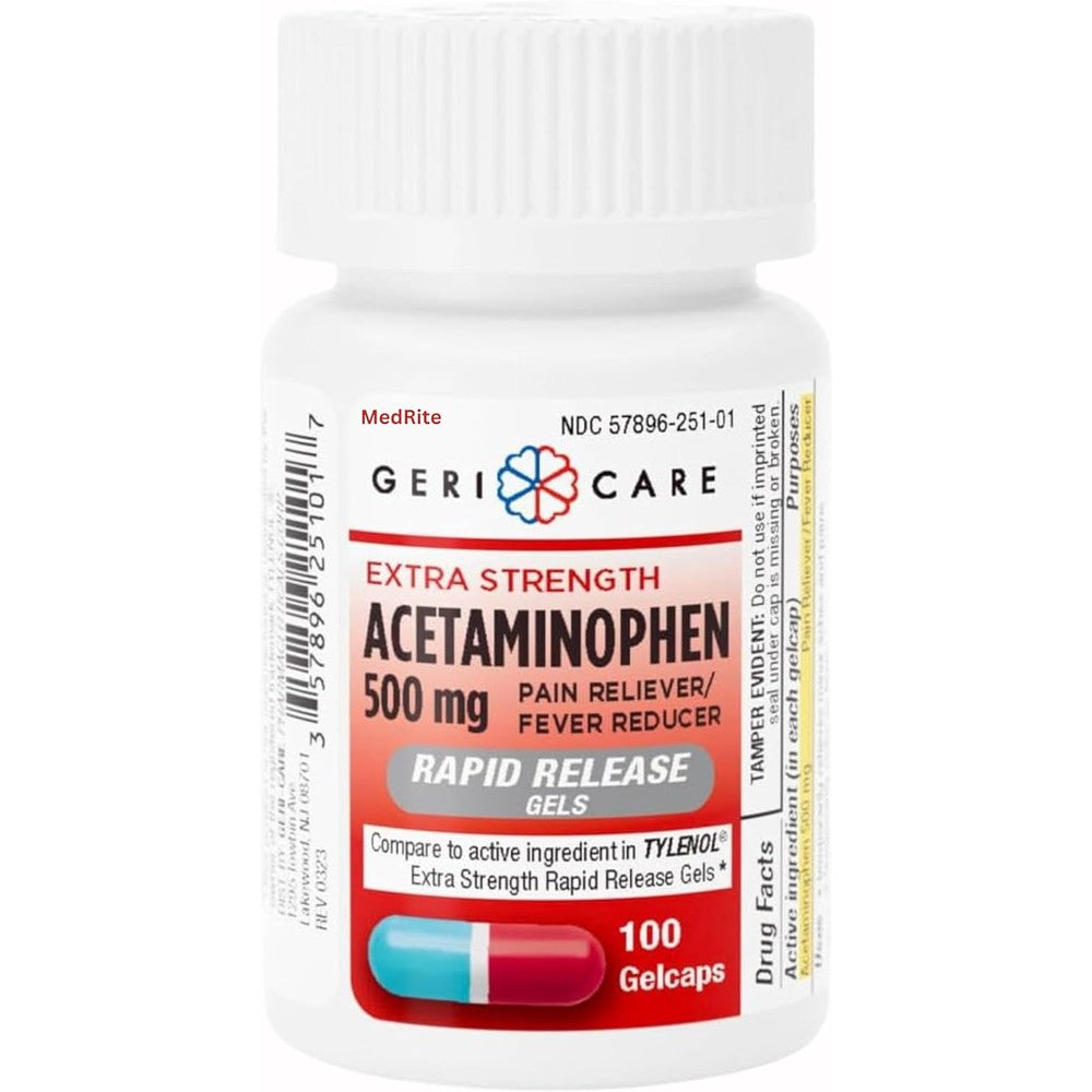 MedRite Acetaminophen 500mg Extra Strength 100 gelcaps bottle front view for fast pain relief.