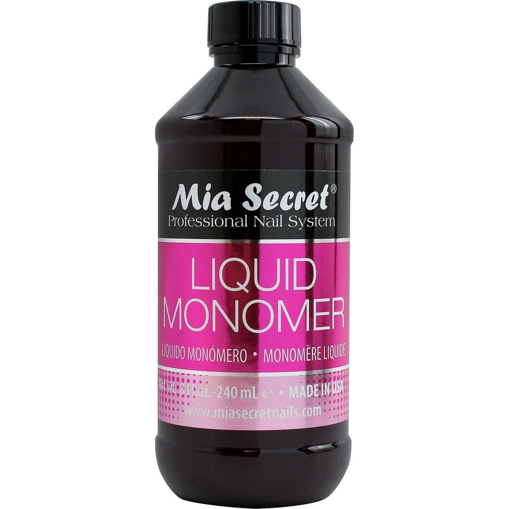 Mia Secret Liquid Monomer Professional Acrylic Nail System 8 Ounce front view bottle showcasing branding and volume details.