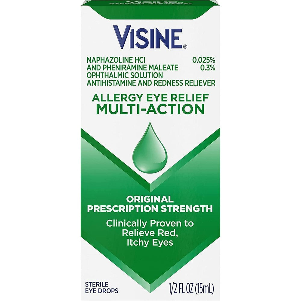 Visine-A Multi-Action Eye Allergy Relief Drops front view of the packaging showcasing the authentic USA imported triple pack.