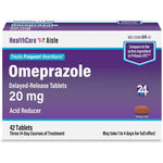 HealthCareAisle Omeprazole 20 milligram tablets front view of bottle