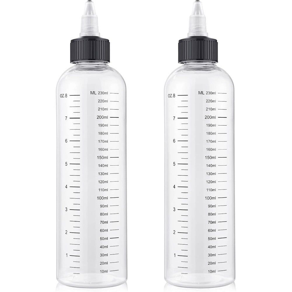 BESARME hair oil applicator bottle front view with dual measurement scale markings.