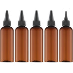 Tekson hair color applicator bottles five pack front view showcasing amber plastic body and black twist top caps.