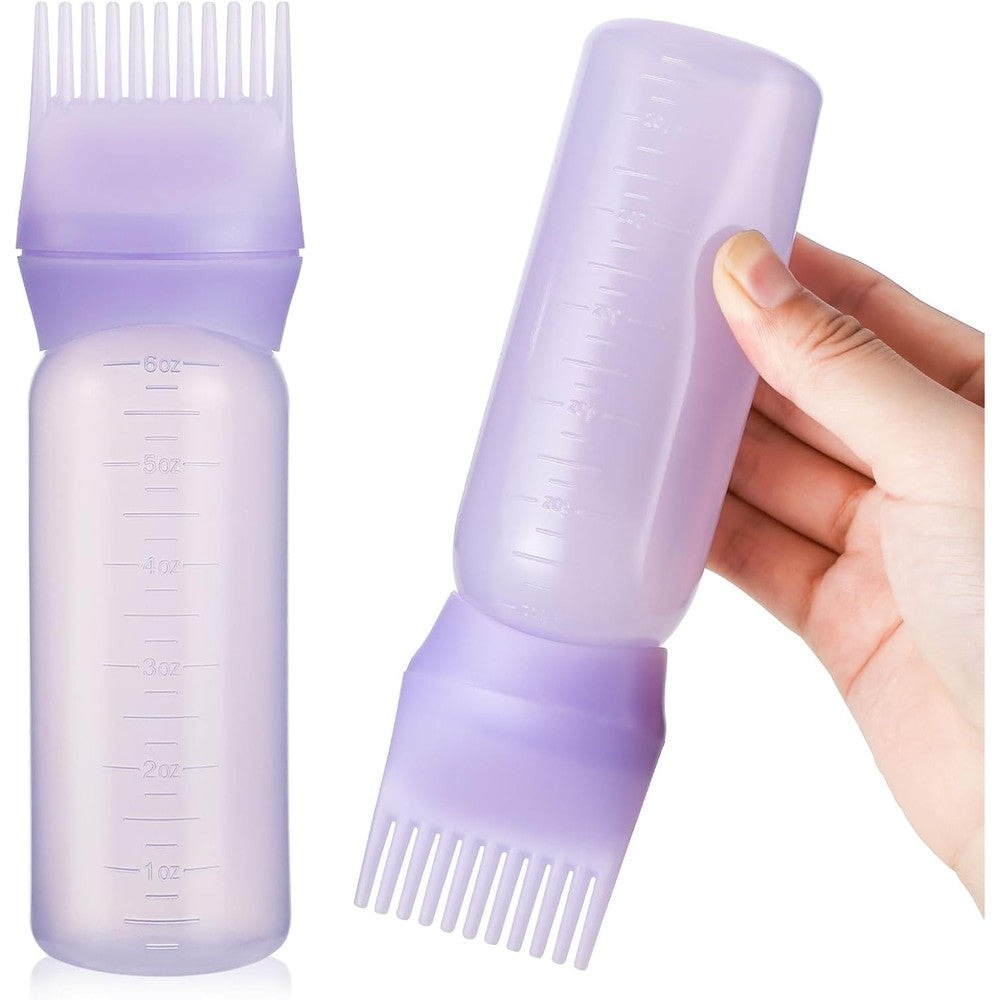 Pimoys root comb applicator bottle purple six ounce front view showing graduated scale markings.