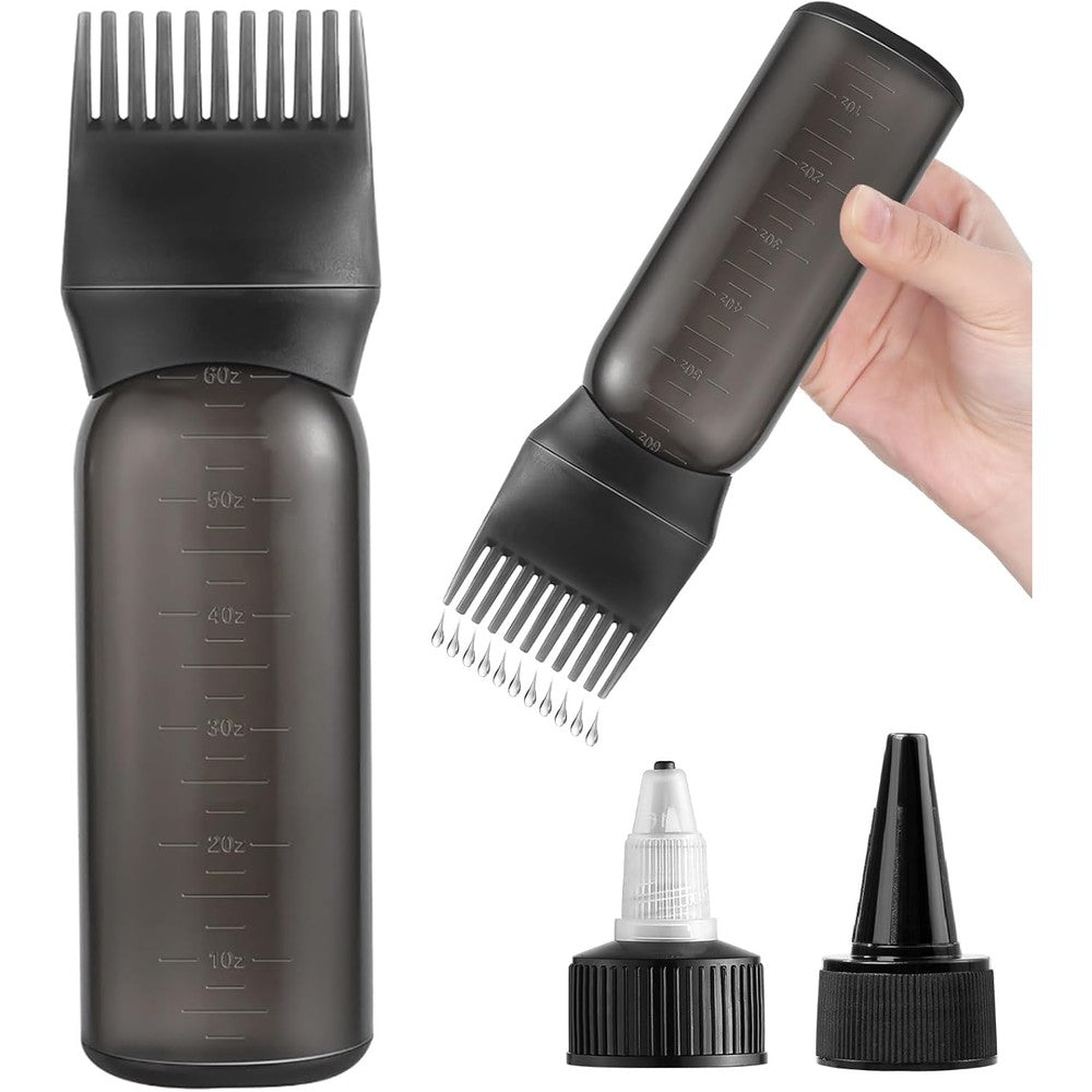 FXSPLCZ root comb applicator bottle front view showing the black squeezable plastic body and graduated measurement scale.