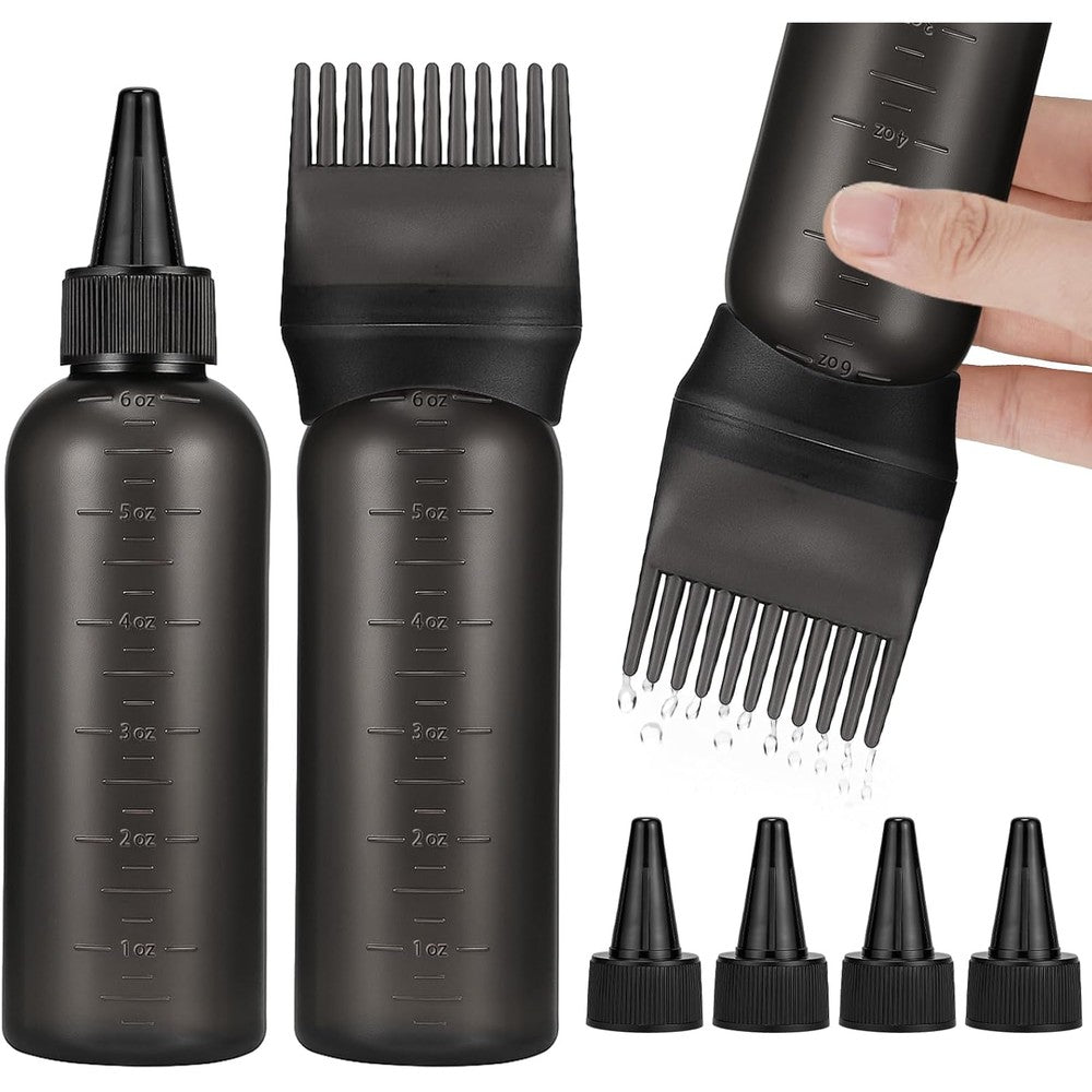 Pimoys hair oil applicator bottles front view showing black root comb cap and graduated measurement scale.
