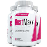 BustMaxx Natural Breast Enhancement Supplement front view showing three bottles of vegetarian capsules.