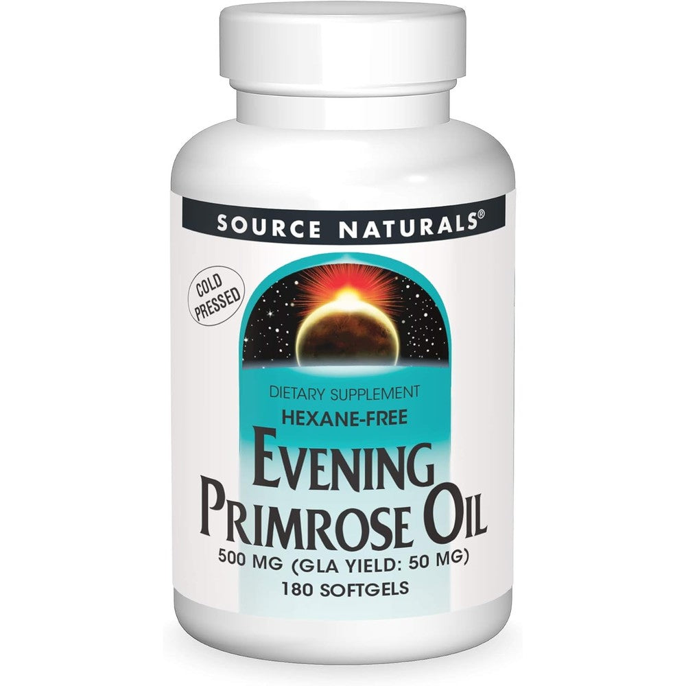 Source Naturals Evening Primrose Oil 500mg 180 softgels front view bottle for hormonal balance supplement
