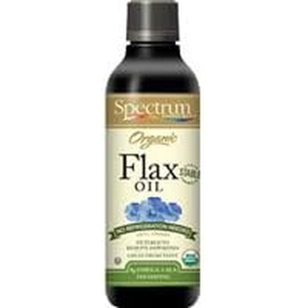 Spectrum Essentials Organic Flax Oil 8 Ounce bottle front view showing plant based Omega 3 supplement benefits.