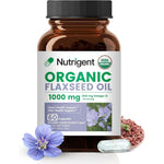 Nutrigent USDA Certified Organic Flaxseed Oil 1000 mg bottle front view showing plant based omega 3 supplement
