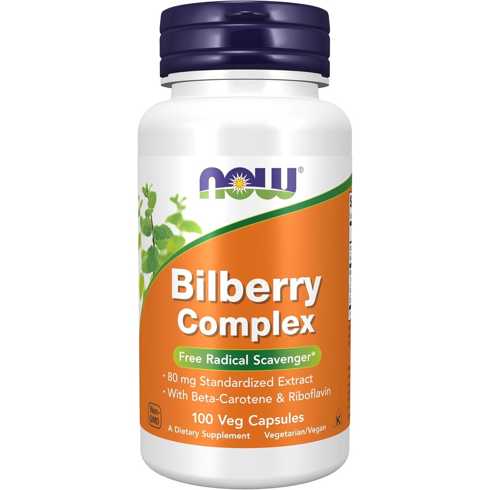 NOW Foods Bilberry Complex 100 vegetarian capsules front bottle view for eye health support