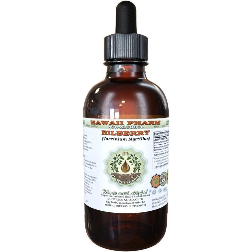 Hawaii Pharm Bilberry Alcohol Free Liquid Extract front view of the two fluid ounce amber bottle.