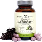 Herbal Roots Organic Black Elderberry Max Strength 60 Vegan Capsules front view bottle for immune defense.