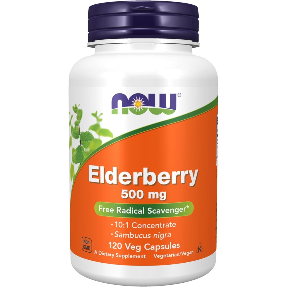 NOW Foods Elderberry 500 mg 120 vegetarian capsules front bottle view for immune support