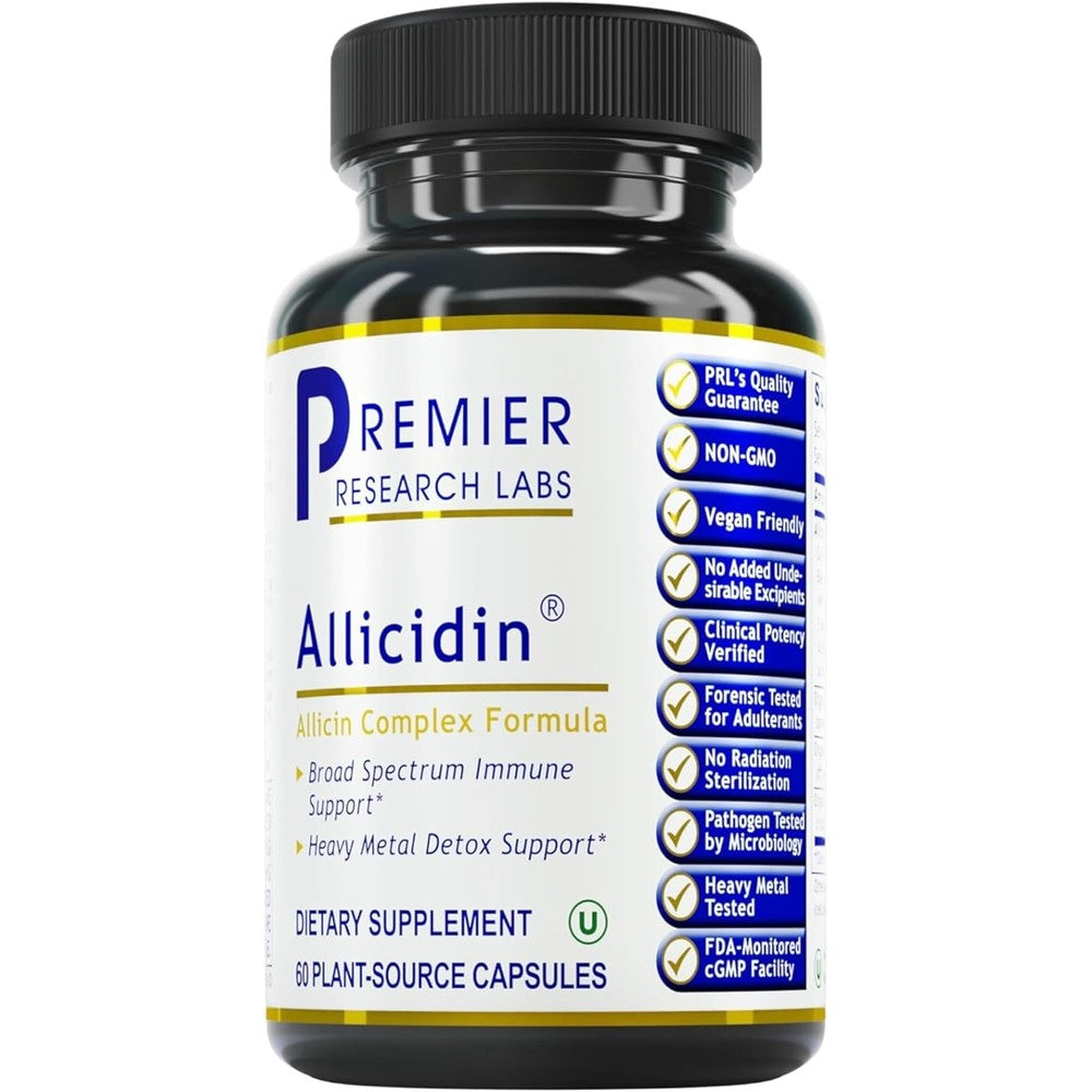 Premier Research Labs Allicidin 60 capsules front view bottle showing immune support label.