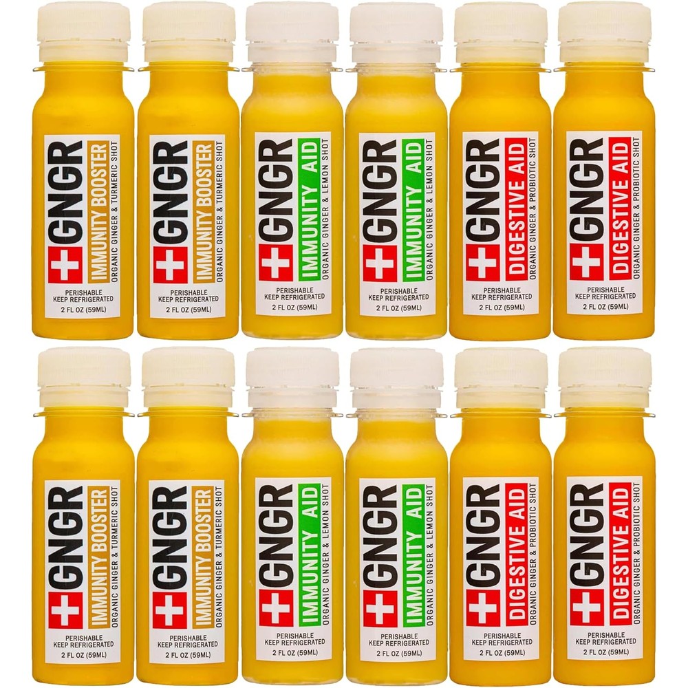 +GNGR Twelve Shots Variety Pack of Organic Ginger Shots front view showing the premium packaging.