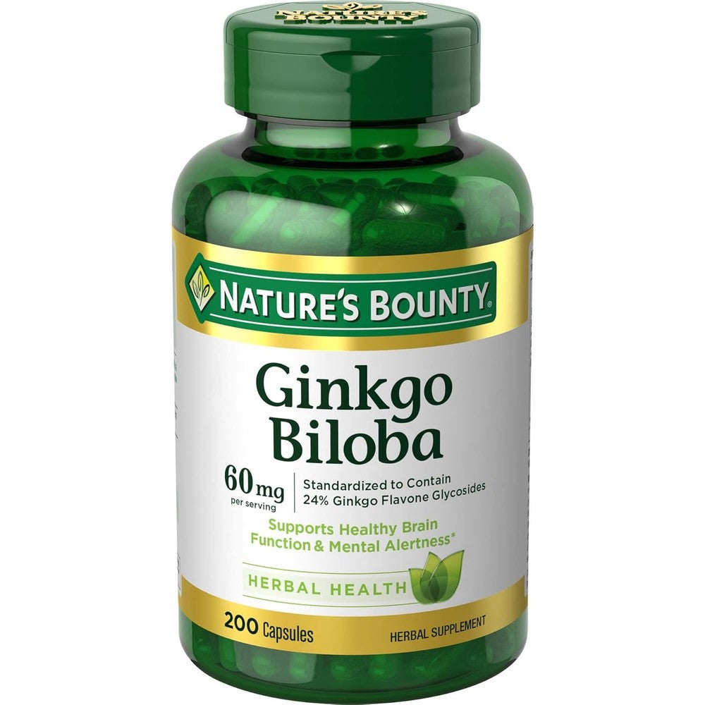 Nature's Bounty Ginkgo Biloba 60mg 200 Capsules front bottle view for authentic brain health support.