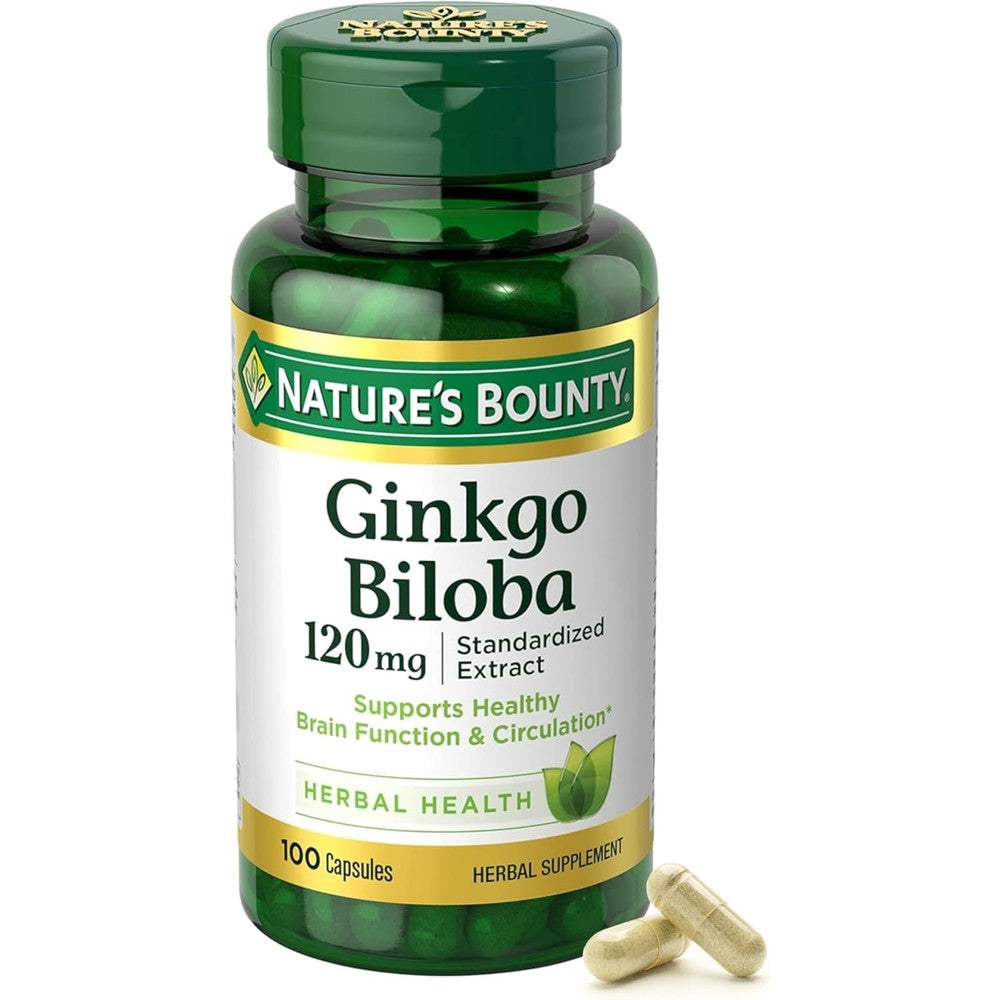 Nature's Bounty Ginkgo Biloba 120mg 100 capsules front view showing cognitive support benefits.